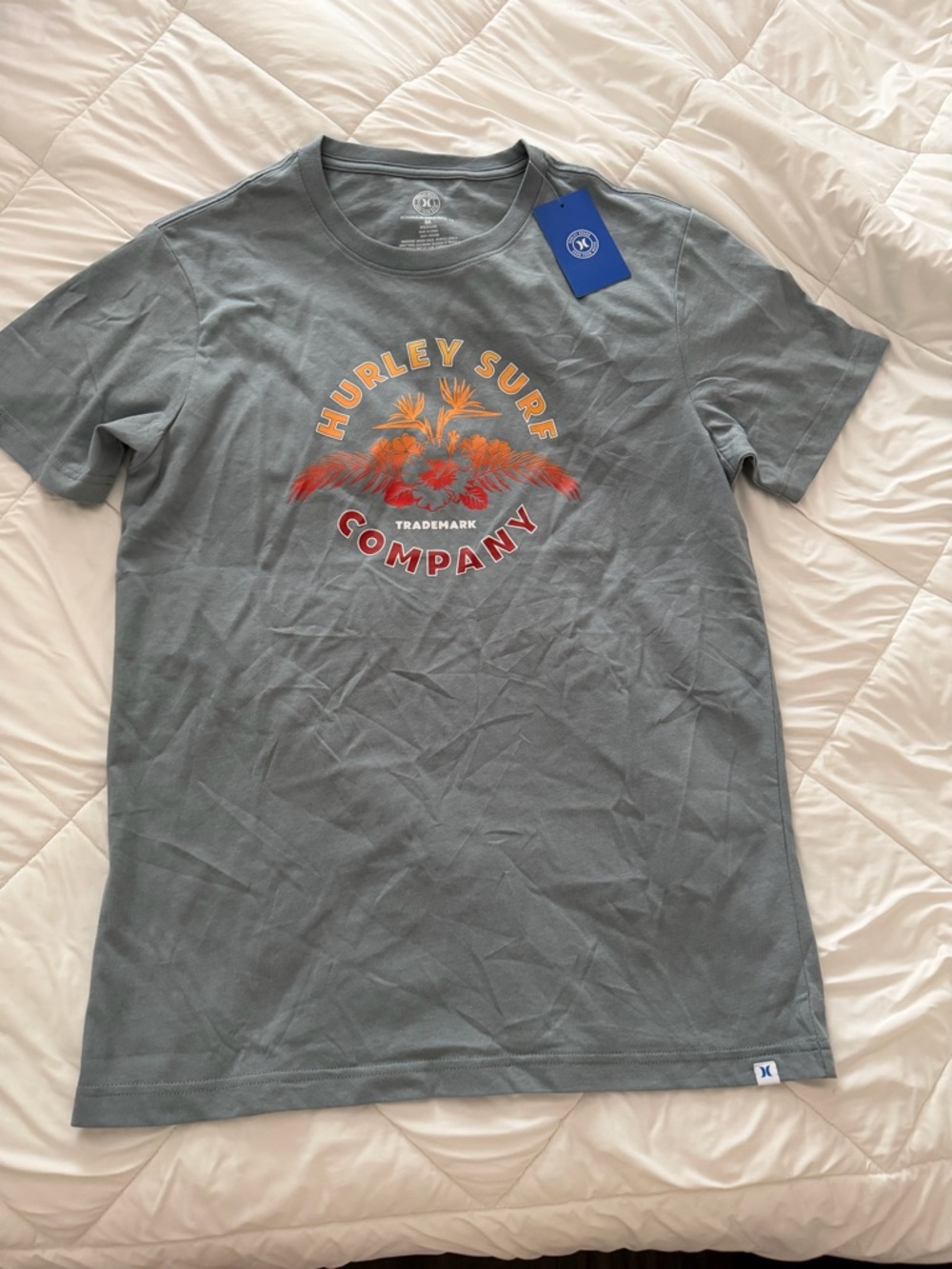 Hurley Slate Blue Short Sleeve Tee with Orange-Red Palm Graphic